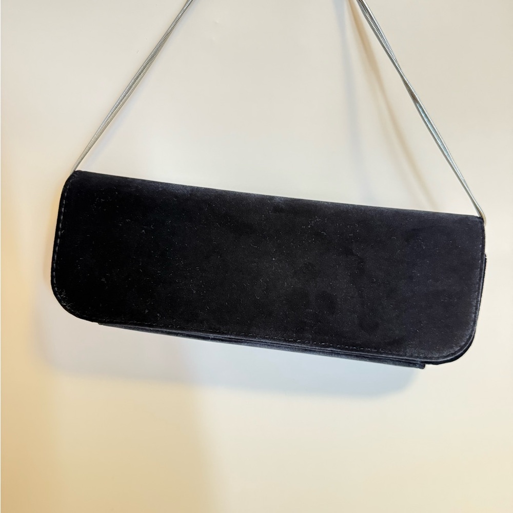 Black Velvet Slim Shoulder Bag | Y2K 90s Minimalist Clutch | Silver Chain Strap - Picture 1 of 5